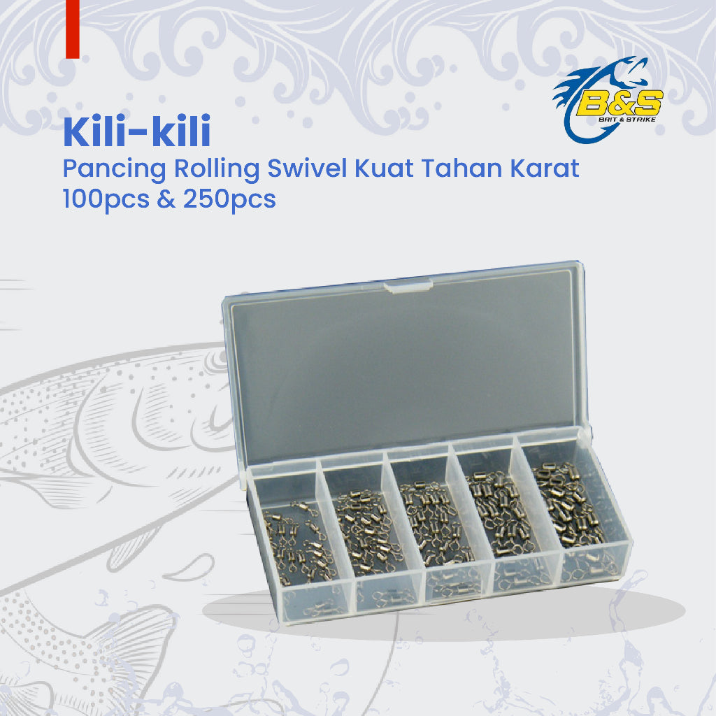 100pcs & 250pcs kili-kili pancing rolling swivel KUAT tahan karat No 9-10-11-12-13 Kemasan Kotak KUP151
