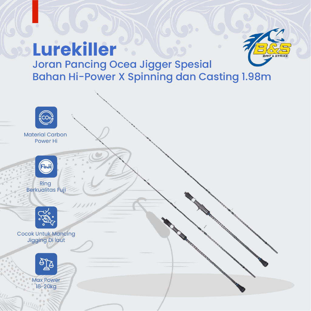 Lurekiller Ocea Jigger Joran Pancing jigging spesial bahan Hi-Power X 1.98m ring guide FUJI 662C spinning dan casting JP024