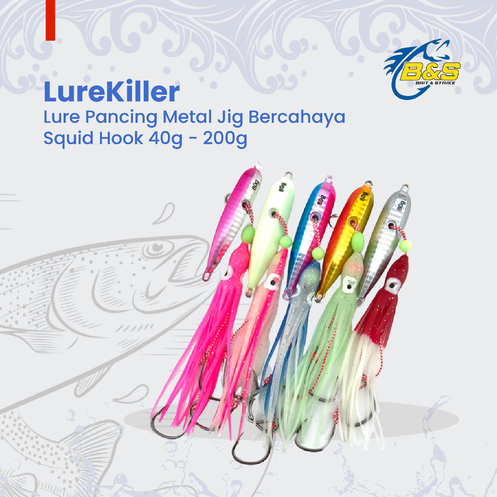 LureKiller Umpan Pancing Metal Jig Bercahaya 40G-200G Squid Hook Lembut menyala MJ033