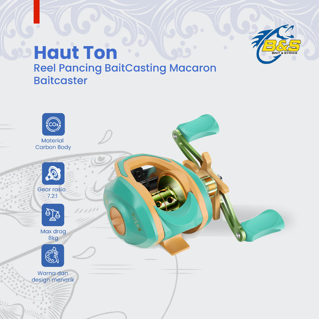 Reel Pancing BaitCasting HAUT TON Macaron Baitcaster max drag 8kg reel BC handle Kanan/Kiri Rasio 7.2:1 bearing 5+1BB RP017
