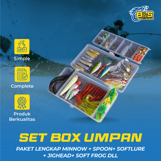 Lurekiller Set Box Umpan paket lengkap Minnow+Spoon+Softlure+Jighead+Soft frog DLL umpan casting komplit MN015