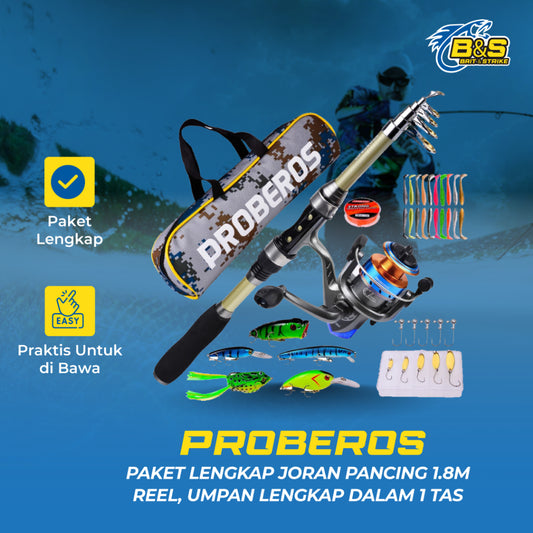 PROBEROS paket Lengkap Joran pancing 1.8m Reel Umpan lengkap dalam 1 tas pancing PP139