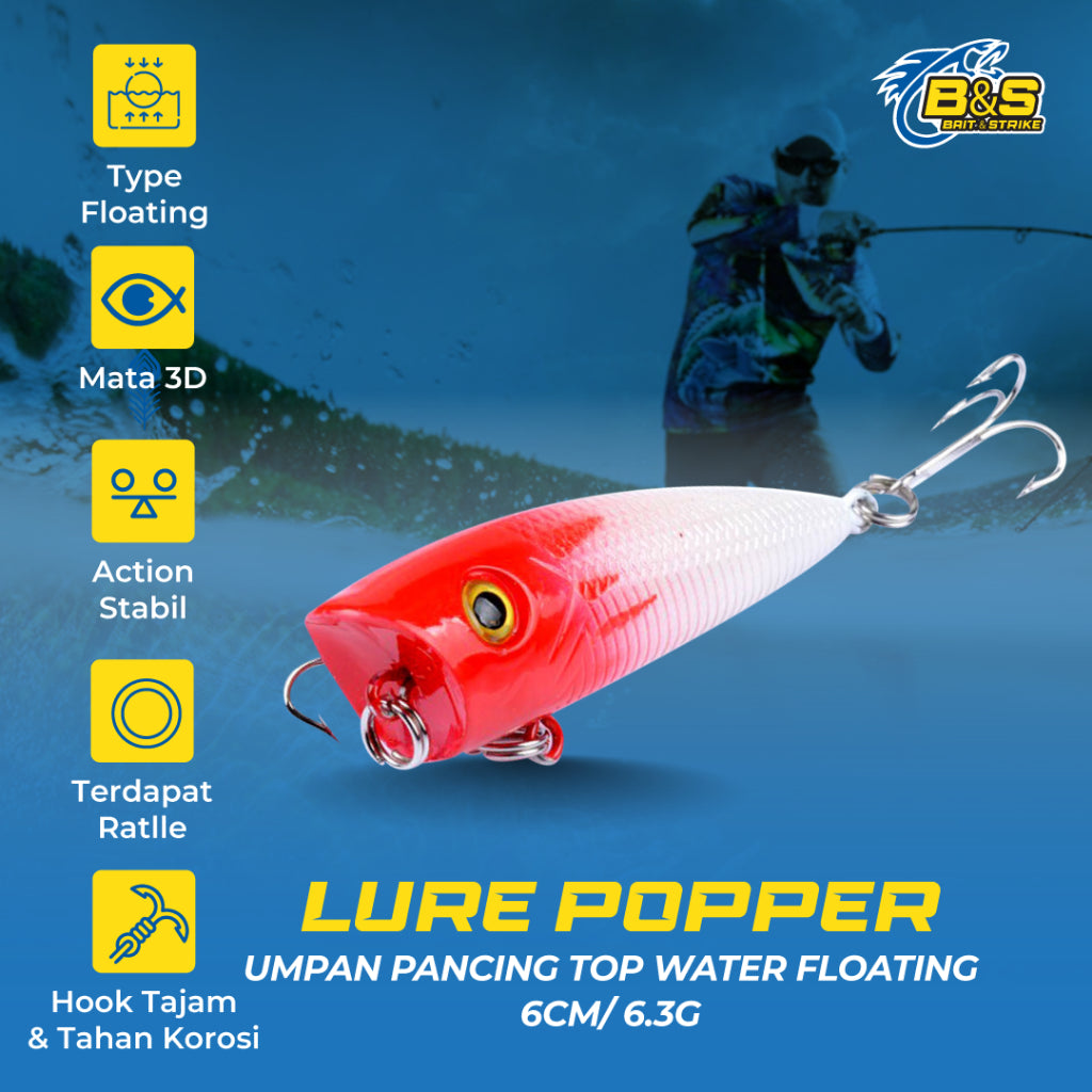 Umpan Pancing LURE POPPER Floating 6cm/6.3g umpan pancing Top Water 3D Eyes MN097