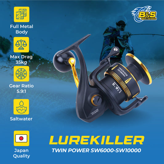 Reel Pancing SW Lurekiller TWIN POWER SW6000HG/SW10.000HG Full Metal max Drag 35kg Reel Jigging Rasio 5.9:1 RP011