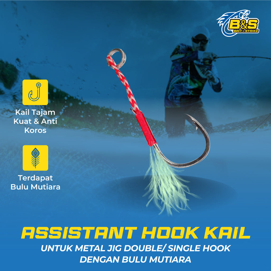 Assistant Hook Kail Metal Jig Double/Single Hook dengan bulu mutiara H001