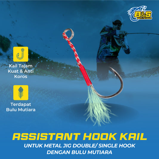 Assistant Hook Kail Metal Jig Double/Single Hook dengan bulu mutiara H001