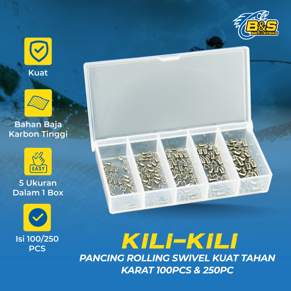 100pcs & 250pcs kili-kili pancing rolling swivel KUAT tahan karat No 9-10-11-12-13 Kemasan Kotak KUP151