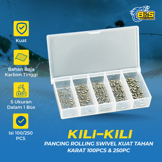 100pcs & 250pcs kili-kili pancing rolling swivel KUAT tahan karat No 9-10-11-12-13 Kemasan Kotak KUP151